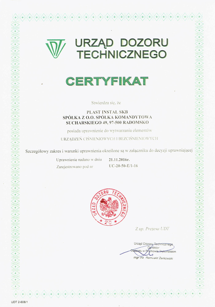 Certificate of the Office of Technical Inspection