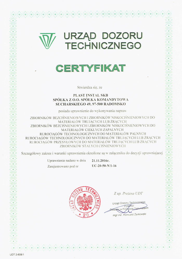 Certificate of the Office of Technical Inspection